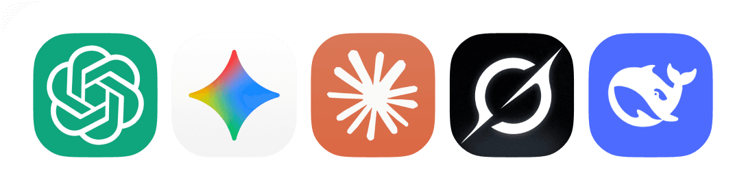 Logos of the AI models behind Bookov summaries, including ChatGPT, Gemini, Claude and DeepSeek