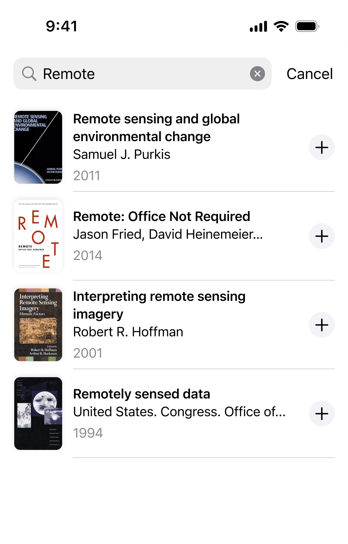 Bookov book search on iPhone: results for “Remote”, each with a button to add it to your library
